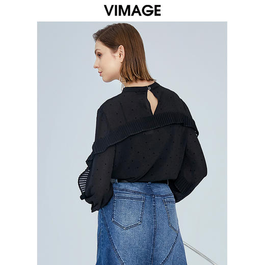 VIMAGE纬漫纪夏款时尚V领显瘦雪纺荷叶边装饰衬衫女上衣V1213806 商品图3