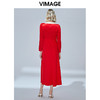 VIMAGE纬漫纪秋款时尚性大V领复古泡泡袖修身礼服连衣裙V1477005 商品缩略图3