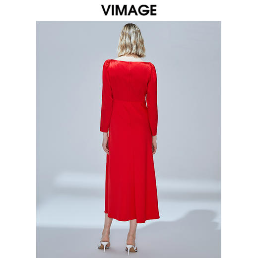 VIMAGE纬漫纪秋款时尚性大V领复古泡泡袖修身礼服连衣裙V1477005 商品图3