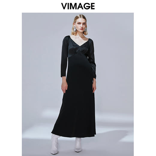 VIMAGE纬漫纪秋款时尚性大V领复古泡泡袖修身礼服连衣裙V1477005 商品图1