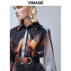 VIMAGE纬漫纪秋季新款时尚个性扎染撞色印花收腰衬衫连衣裙女V1407009