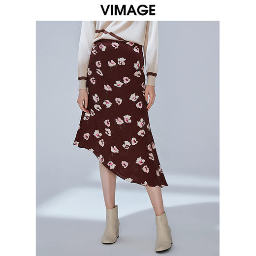 VIMAGE纬漫纪秋季新款复古印花港风显瘦包臀不规则下摆半身裙V1406007 商品图0