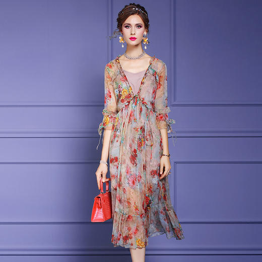FMY-F20XL33048夏季时尚V领高腰桑蚕丝印花真丝连衣裙吊带两件套 商品图0