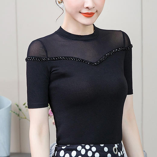 CHT-7321夏新款短袖t恤网纱打底衫显瘦气质减龄上衣薄 商品图0