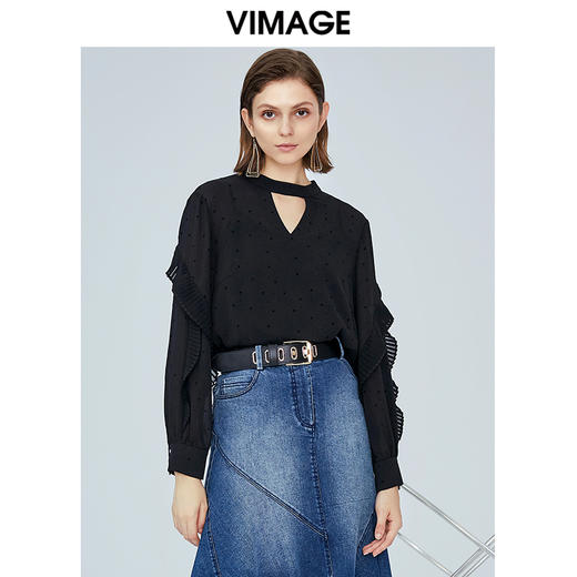 VIMAGE纬漫纪夏款时尚V领显瘦雪纺荷叶边装饰衬衫女上衣V1213806 商品图4