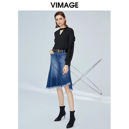 VIMAGE纬漫纪夏款时尚V领显瘦雪纺荷叶边装饰衬衫女上衣V1213806 商品图1