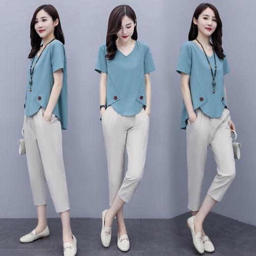 YRH-纯色棉麻套装2020气质宽松显瘦亚麻两件套 商品图2