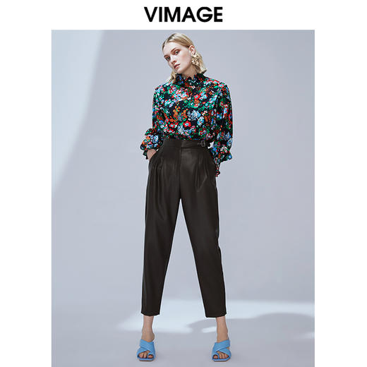 VIMAGE纬漫纪秋款个性复古高领宫廷泡泡袖印花衬衫女上衣V1413007 商品图1