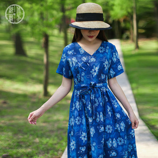 MMYS-0181原创文艺复古印花系带V领棉麻连衣裙 商品图2