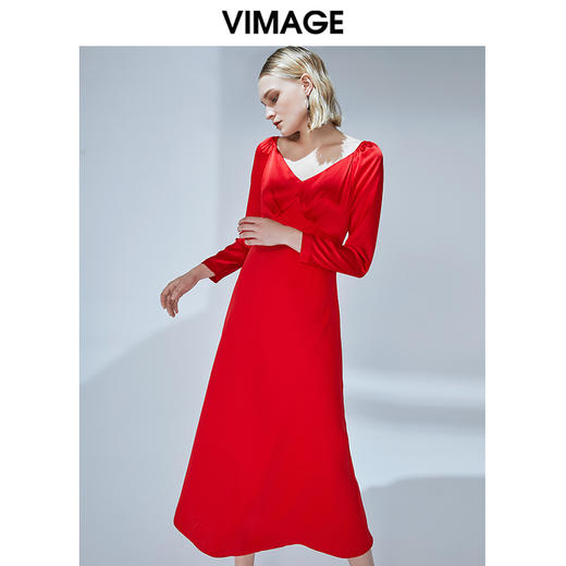 VIMAGE纬漫纪秋款时尚性大V领复古泡泡袖修身礼服连衣裙V1477005 商品图2