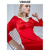 VIMAGE纬漫纪秋款时尚性大V领复古泡泡袖修身礼服连衣裙V1477005 商品缩略图0