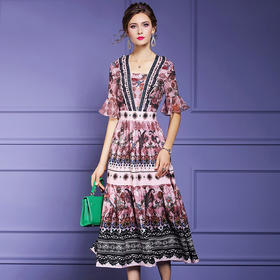 FMY-F20XL33148夏装新款复古收腰遮肚子显瘦印花雪纺连衣裙