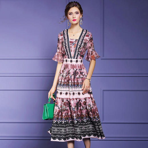 FMY-F20XL33148夏装新款复古收腰遮肚子显瘦印花雪纺连衣裙 商品图0