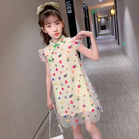 GMSG-XLS263小蓝鼠七彩花刺绣旗袍  女童中国风洋气公主背心裙