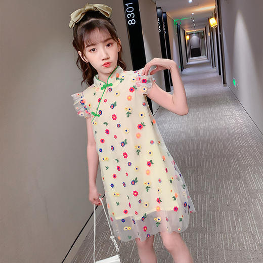 GMSG-XLS263小蓝鼠七彩花刺绣旗袍  女童中国风洋气公主背心裙 商品图0