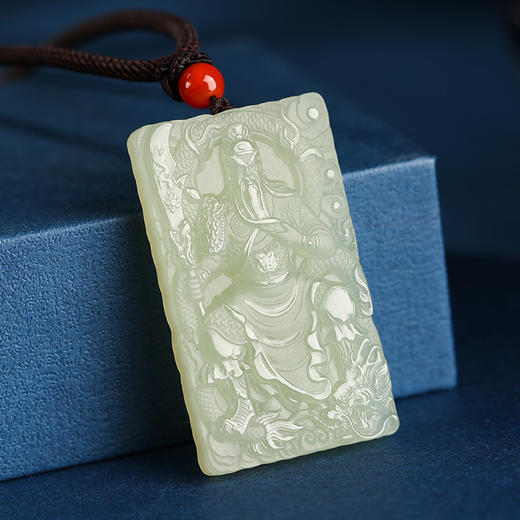 印象眸和田玉关公吊坠浅青玉男款双面雕刻关二爷玉石挂件附送证书