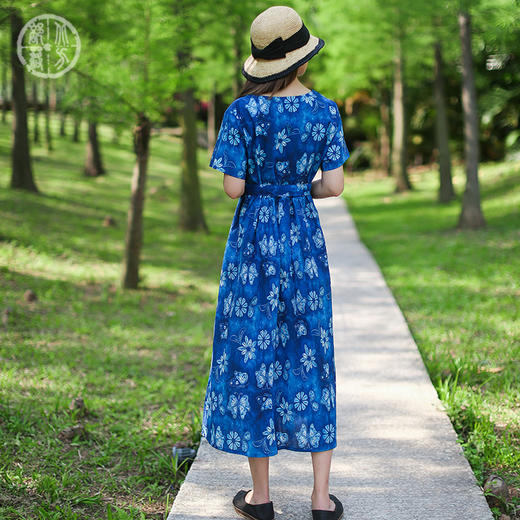 MMYS-0181原创文艺复古印花系带V领棉麻连衣裙 商品图1