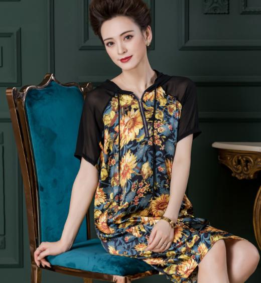 WW  2006新款桑蚕丝印花裙子长袖a字中长裙 商品图0