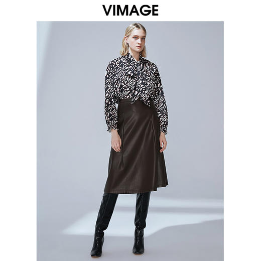 VIMAGE纬漫纪秋款时尚复古高领系带泡泡袖印花衬衫女上衣V1413009 商品图1