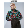 VIMAGE纬漫纪秋款个性复古高领宫廷泡泡袖印花衬衫女上衣V1413007 商品缩略图0