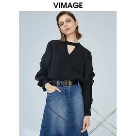 VIMAGE纬漫纪夏款时尚V领显瘦雪纺荷叶边装饰衬衫女上衣V1213806