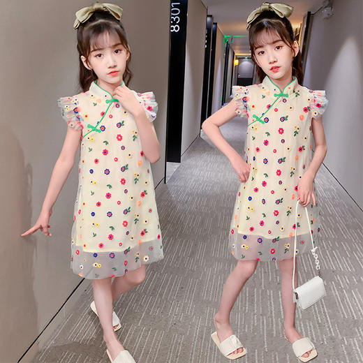 GMSG-XLS263小蓝鼠七彩花刺绣旗袍  女童中国风洋气公主背心裙 商品图5