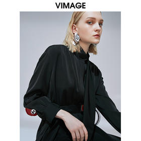VIMAGE纬漫纪秋季新款个性飘带亚光缎面显瘦收腰衬衫连衣裙女V1407013
