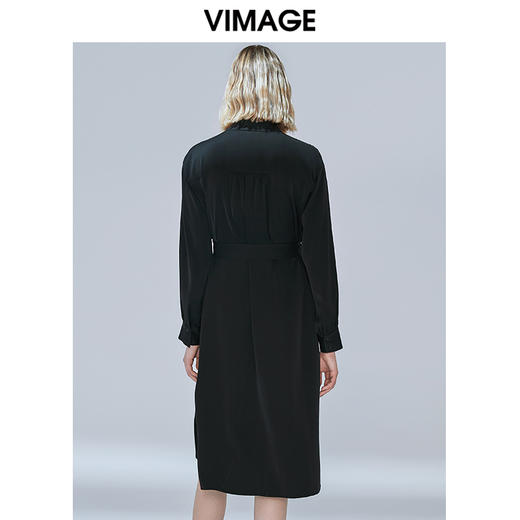 VIMAGE纬漫纪秋季新款个性飘带亚光缎面显瘦收腰衬衫连衣裙女V1407013 商品图3