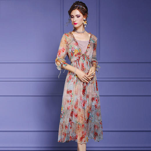 FMY-F20XL33048夏季时尚V领高腰桑蚕丝印花真丝连衣裙吊带两件套 商品图2