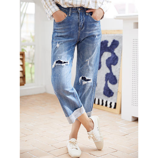 Famecoco范可儿纯棉牛仔裤女直筒宽松破洞长裤潮F205GA023 商品图0