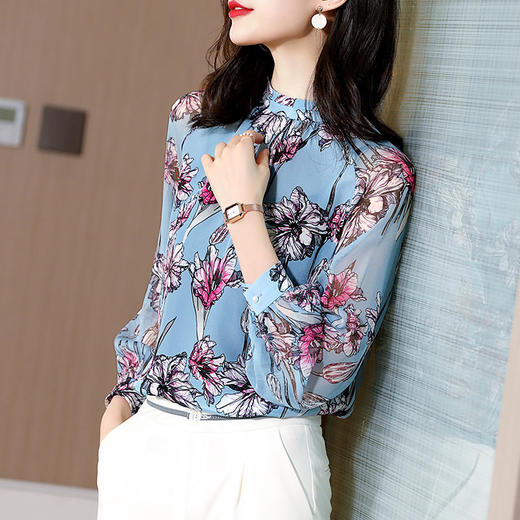 SS-L9047新款气质立领时尚宽松大码印花真丝衬衫 商品图3