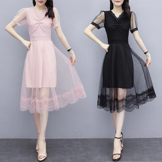 YML-9590新款时尚收腰显瘦气质轻熟风蕾丝网纱雪纺连衣裙 商品图2
