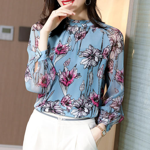 SS-L9047新款气质立领时尚宽松大码印花真丝衬衫 商品图2