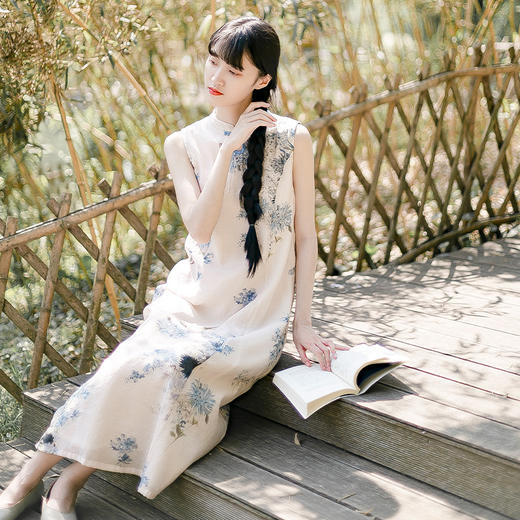 YM-9665棉麻印花  文艺优雅飘逸无袖丝麻立领收腰A字裙 商品图1