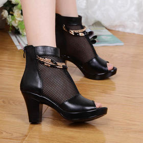 LLTS-801网纱粗跟罗马鱼嘴凉鞋