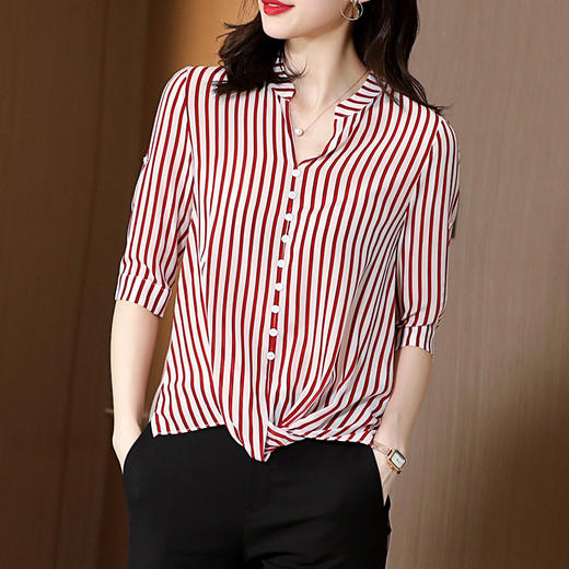 SS-03-2501条纹真丝衬衫中长款v领韩版宽松显瘦短袖上衣 商品图2