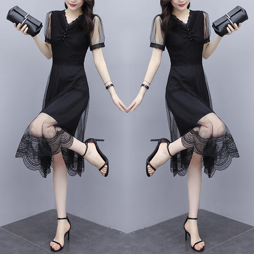 YML-9590新款时尚收腰显瘦气质轻熟风蕾丝网纱雪纺连衣裙 商品图1