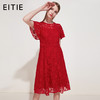 EITIE爱特爱女装夏季荷叶边袖口收腰显瘦大红色蕾丝连衣裙B1907248 商品缩略图0
