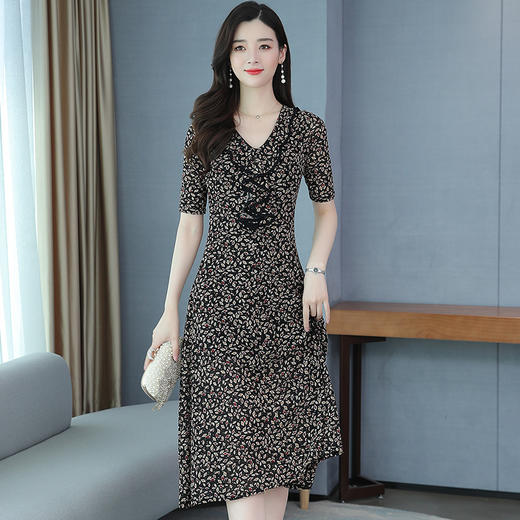 JL-601碎花超仙裙子2020V领气质大摆大码贵妇中长款 商品图0
