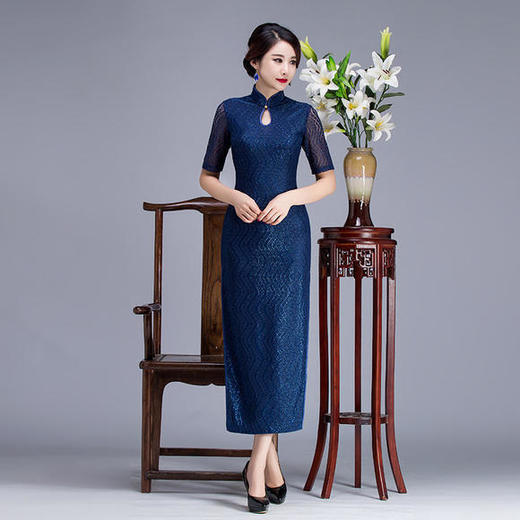 RY-9146日常复古，时尚高开衩礼服蓝色长款蕾丝旗袍 商品图1