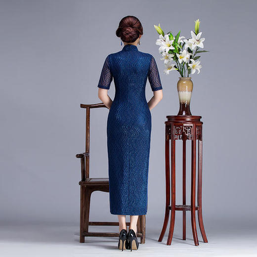 RY-9146日常复古，时尚高开衩礼服蓝色长款蕾丝旗袍 商品图2