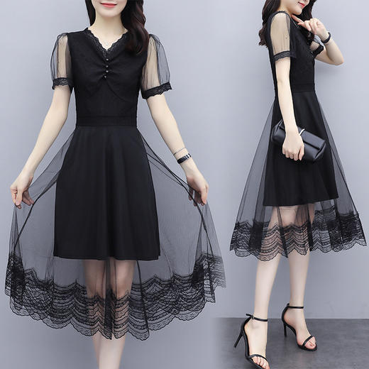 YML-9590新款时尚收腰显瘦气质轻熟风蕾丝网纱雪纺连衣裙 商品图3
