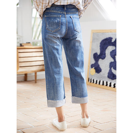 Famecoco范可儿纯棉牛仔裤女直筒宽松破洞长裤潮F205GA023 商品图1