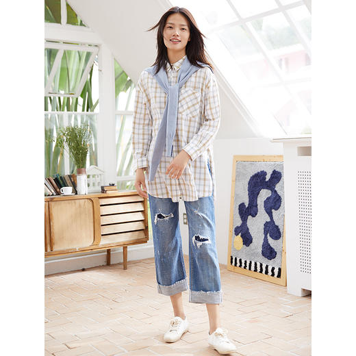 Famecoco范可儿纯棉牛仔裤女直筒宽松破洞长裤潮F205GA023 商品图2