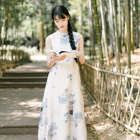 YM-9665棉麻印花  文艺优雅飘逸无袖丝麻立领收腰A字裙