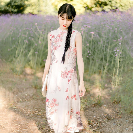 YM-9665棉麻印花  文艺优雅飘逸无袖丝麻立领收腰A字裙 商品图2