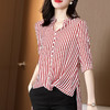 SS-03-2501条纹真丝衬衫中长款v领韩版宽松显瘦短袖上衣 商品缩略图3