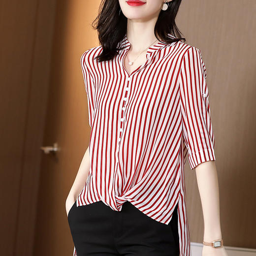 SS-03-2501条纹真丝衬衫中长款v领韩版宽松显瘦短袖上衣 商品图3