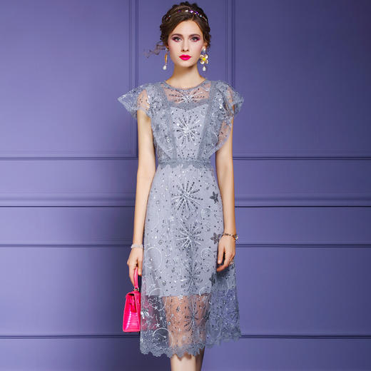 FMY-F20XL33040夏季名媛淑女减龄亮片超仙网布绣花连衣裙 商品图0