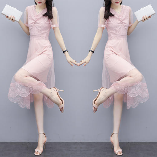 YML-9590新款时尚收腰显瘦气质轻熟风蕾丝网纱雪纺连衣裙 商品图0